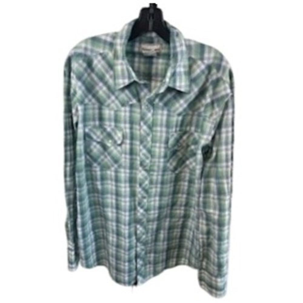 Wrangler Wrancher Western Plaid Shirt Green Blue Long Sleeve Mens Size XL Pearl